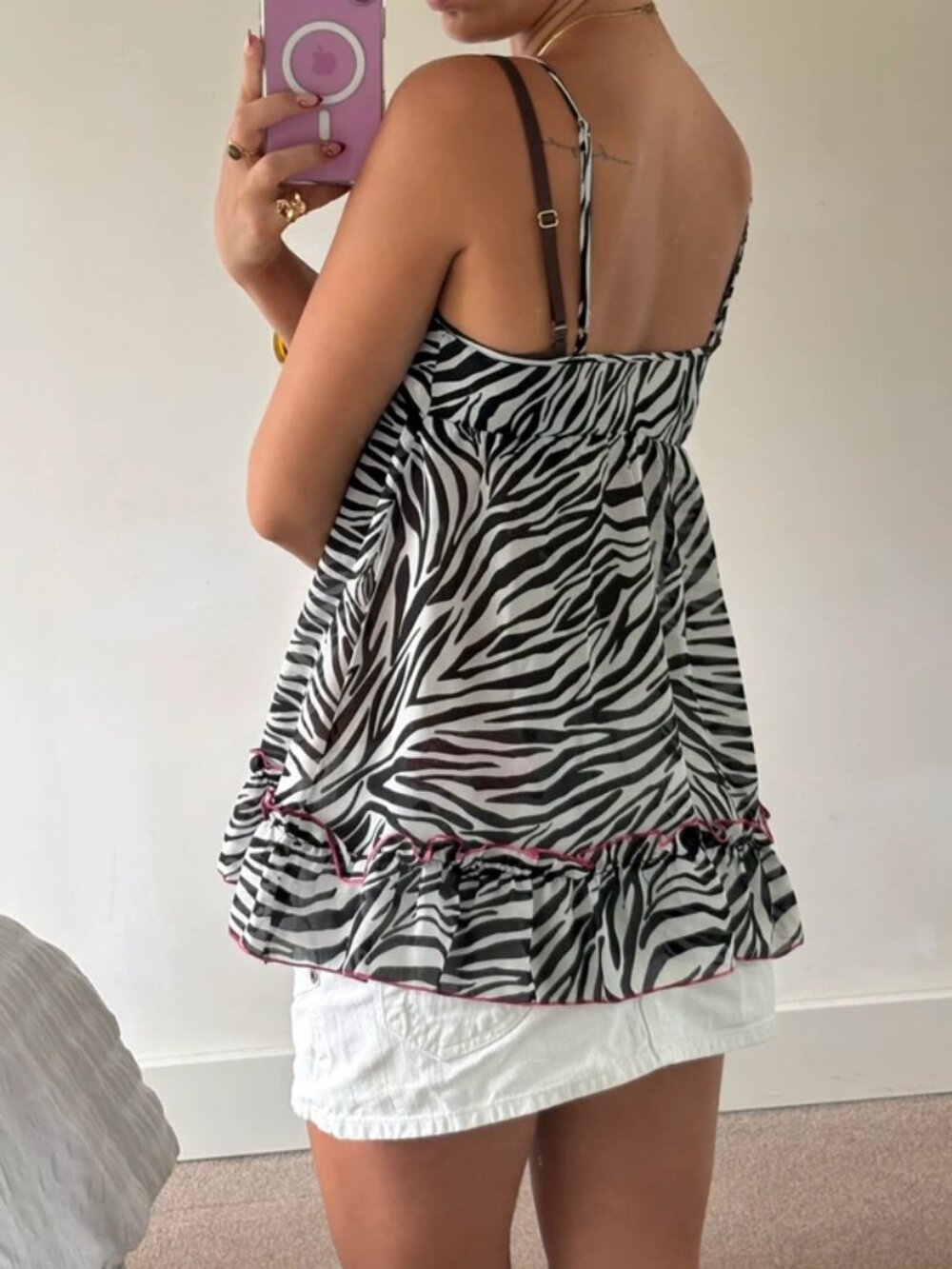 Zebra Print Ruffle Cami Top with Pink Trim - Picture 3 of 4